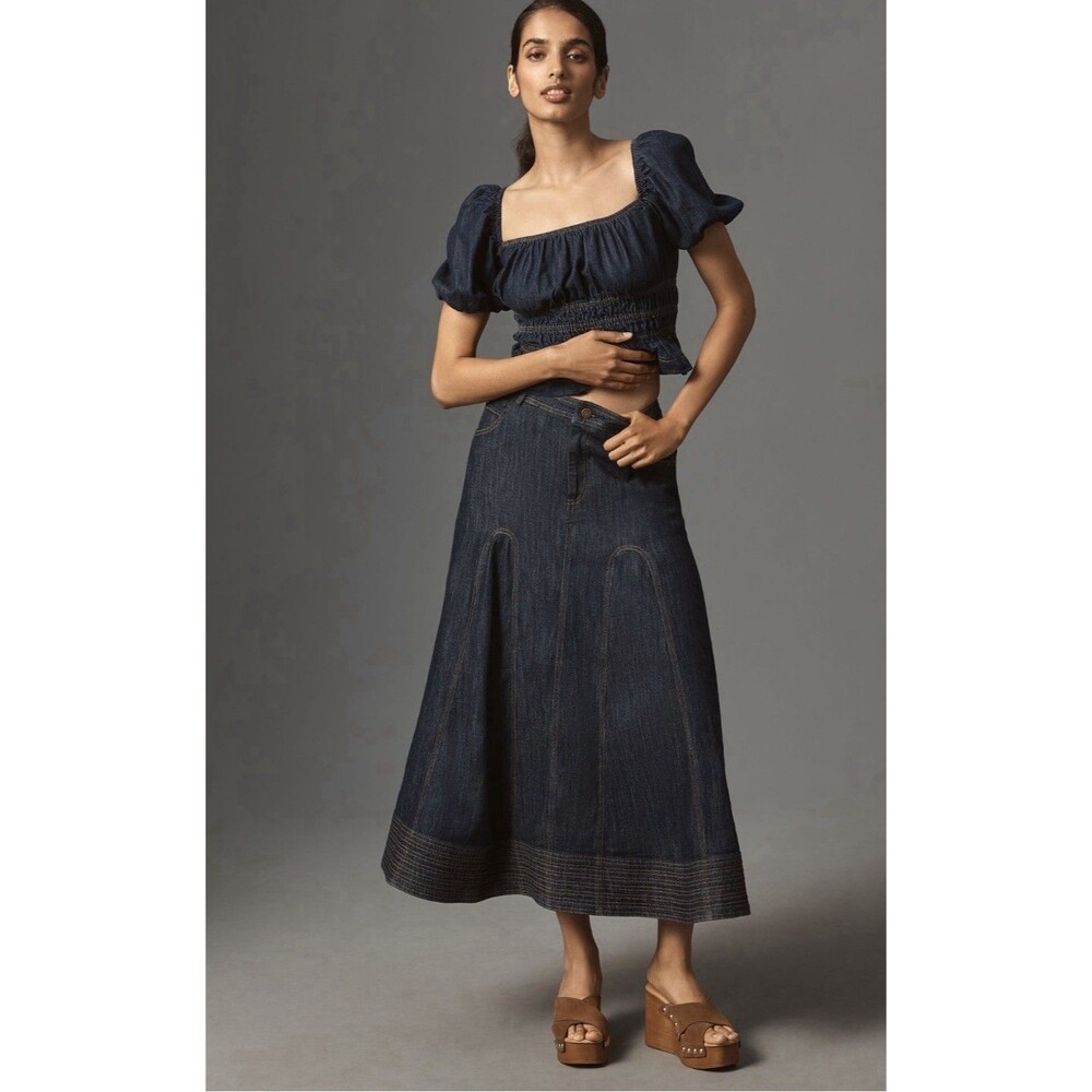 Anthropologie Pilcro Midi Skirt Denim Blue Godet Preppy Retro Vacay Size 10 New